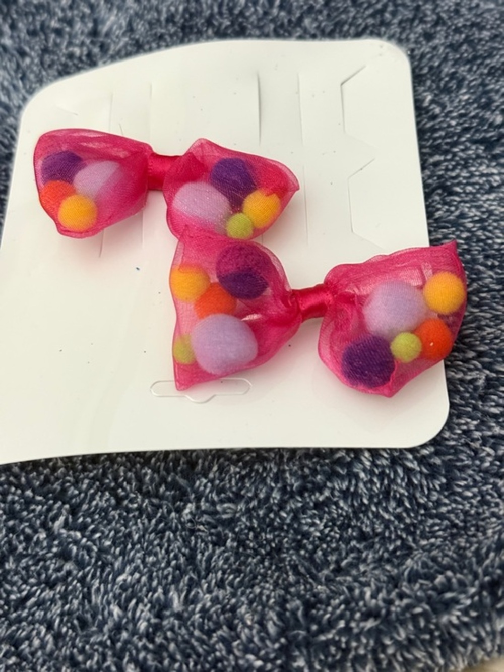 Pink Sheer Bow Hair Clips with Multicolored Pom Poms (Set of 2) NWT